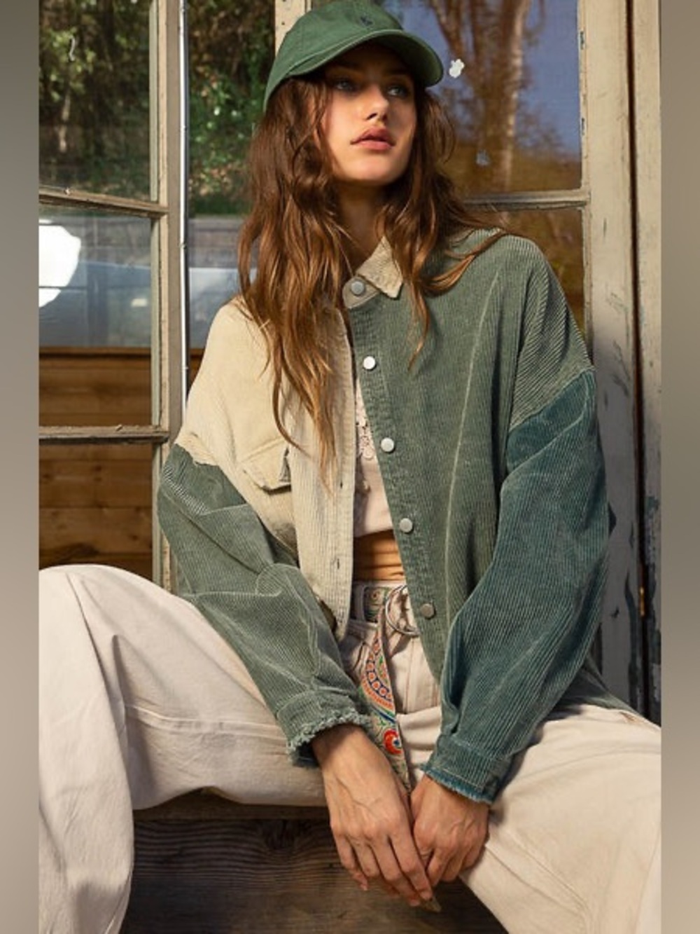 POL Colorblock Corduroy Oversized Shacket Sage Jade Cream Boho Large